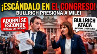 Miniatura de noticia sensacionalista que muestra un caos en el Congreso. Dos paneles divididos por un edificio del Congreso envuelto en humo rojo y naranja. A la izquierda, un Manuel Adorni preocupado y huyendo de la rendición de cuentas, con burbujas de texto: '¡ADORNÍ SE ESCONDE! ¡RETRASO DEL INFORME!' y un letrero de 'SENADO PARALIZADO' debajo. A la derecha, una Patricia Bullrich agresiva y gritando, con burbujas de texto: 'BULLRICH ATACA! ¡INTERNA LIBERTARIA!' y un letrero de '¿DÓNDE ESTÁ TU PATRIMONIO?' debajo. Título principal en la parte superior: '¡ESCÁNDALO EN EL CONGRESO! BULLRICH PRESIONA A MILEI'. Multitud de manifestantes en el fondo. Efecto de cámara lenta.