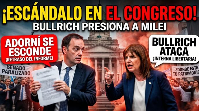 Miniatura de noticia sensacionalista que muestra un caos en el Congreso. Dos paneles divididos por un edificio del Congreso envuelto en humo rojo y naranja. A la izquierda, un Manuel Adorni preocupado y huyendo de la rendición de cuentas, con burbujas de texto: '¡ADORNÍ SE ESCONDE! ¡RETRASO DEL INFORME!' y un letrero de 'SENADO PARALIZADO' debajo. A la derecha, una Patricia Bullrich agresiva y gritando, con burbujas de texto: 'BULLRICH ATACA! ¡INTERNA LIBERTARIA!' y un letrero de '¿DÓNDE ESTÁ TU PATRIMONIO?' debajo. Título principal en la parte superior: '¡ESCÁNDALO EN EL CONGRESO! BULLRICH PRESIONA A MILEI'. Multitud de manifestantes en el fondo. Efecto de cámara lenta.