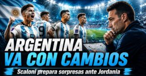 Miniatura de la Selección Argentina con jugadores en cancha y Scaloni preparando cambios ante Jordania por el Mundial 2026.