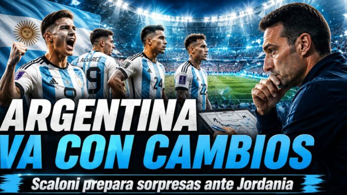 Miniatura de la Selección Argentina con jugadores en cancha y Scaloni preparando cambios ante Jordania por el Mundial 2026.