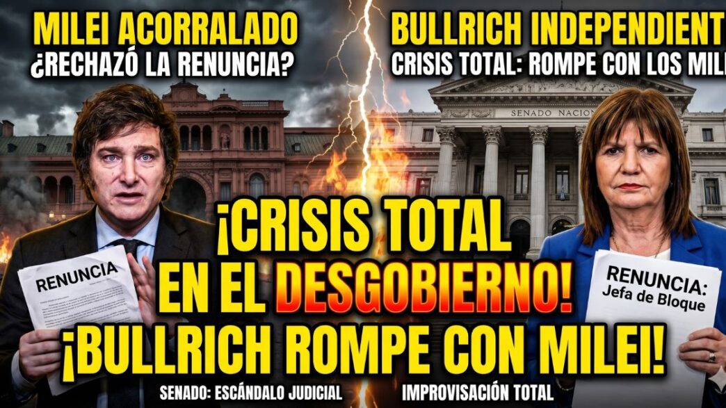 Javier Milei desencajado y Patricia Bullrich sosteniendo su renuncia con el Congreso de fondo. Crisis total y desgobierno en La Libertad Avanza.