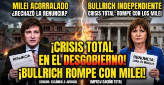 Javier Milei desencajado y Patricia Bullrich sosteniendo su renuncia con el Congreso de fondo. Crisis total y desgobierno en La Libertad Avanza.