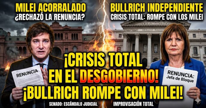 Javier Milei desencajado y Patricia Bullrich sosteniendo su renuncia con el Congreso de fondo. Crisis total y desgobierno en La Libertad Avanza.