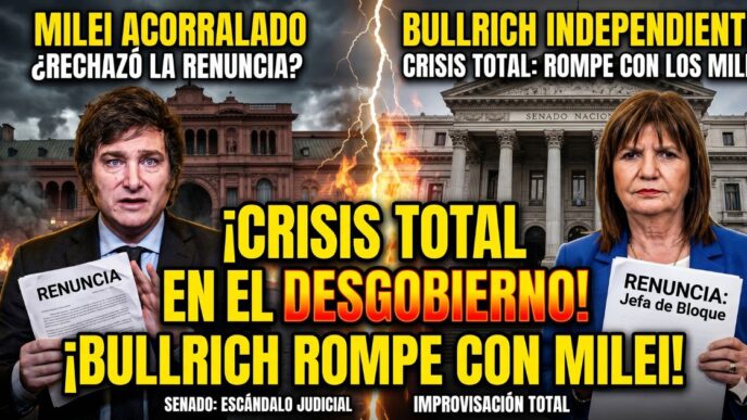 Javier Milei desencajado y Patricia Bullrich sosteniendo su renuncia con el Congreso de fondo. Crisis total y desgobierno en La Libertad Avanza.