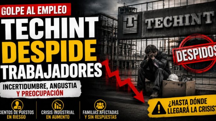 Miniatura sobre los despidos en Techint con un trabajador afectado frente a una planta industrial y un gráfico descendente que representa la crisis del empleo.