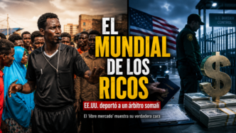 Portada de la nota El Mundial de los ricos, con un árbitro somalí frente a una escena de control migratorio de Estados Unidos, bandera norteamericana, dólar y dinero