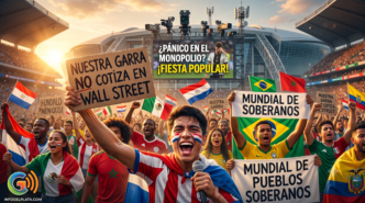Placa roja y negra con letras grandes y llamativas que expone las portadas de los principales diarios nacionales ocultando la rebelión deportiva popular.