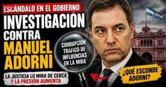 Ilustración de una investigación judicial sobre Manuel Adorni con una lupa, la Casa Rosada de fondo y elementos gráficos que representan una causa en análisis.