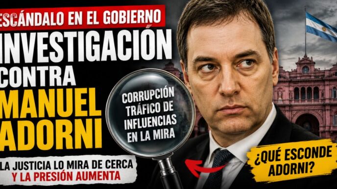 Ilustración de una investigación judicial sobre Manuel Adorni con una lupa, la Casa Rosada de fondo y elementos gráficos que representan una causa en análisis.