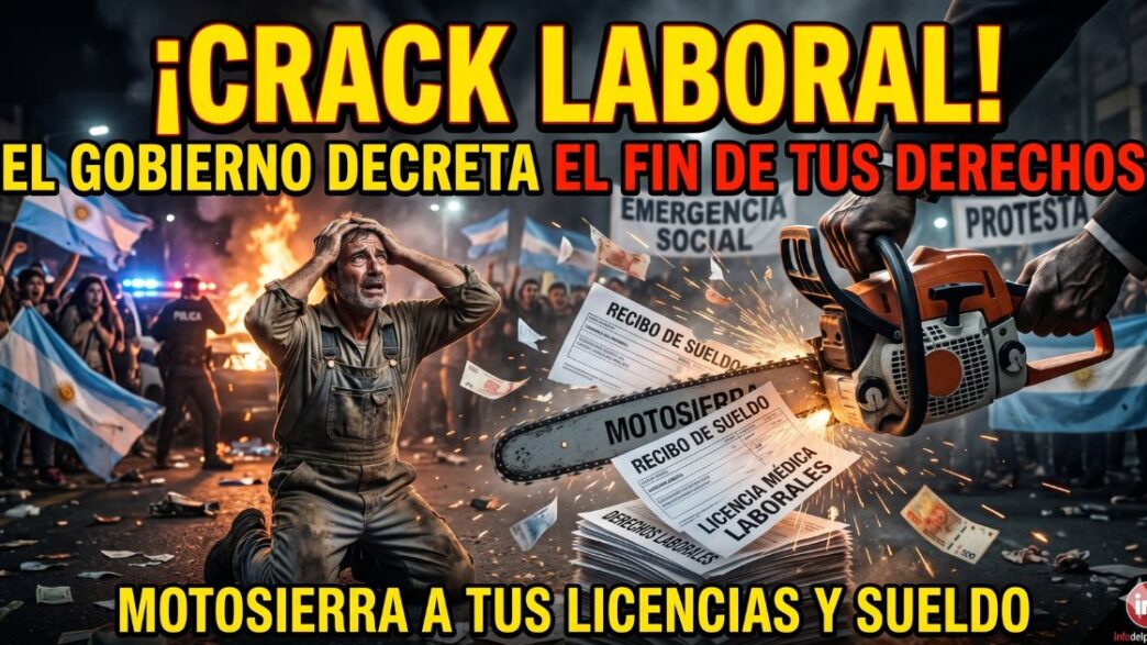 Trabajador argentino de rodillas y desesperado mientras una motosierra destroza sus recibos de sueldo y derechos laborales. Imagen que ilustra el brutal ajuste del Gobierno con la Ley de Modernización Laboral y el decreto 407.