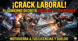 Trabajador argentino de rodillas y desesperado mientras una motosierra destroza sus recibos de sueldo y derechos laborales. Imagen que ilustra el brutal ajuste del Gobierno con la Ley de Modernización Laboral y el decreto 407.