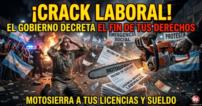 Trabajador argentino de rodillas y desesperado mientras una motosierra destroza sus recibos de sueldo y derechos laborales. Imagen que ilustra el brutal ajuste del Gobierno con la Ley de Modernización Laboral y el decreto 407.