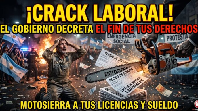 Trabajador argentino de rodillas y desesperado mientras una motosierra destroza sus recibos de sueldo y derechos laborales. Imagen que ilustra el brutal ajuste del Gobierno con la Ley de Modernización Laboral y el decreto 407.