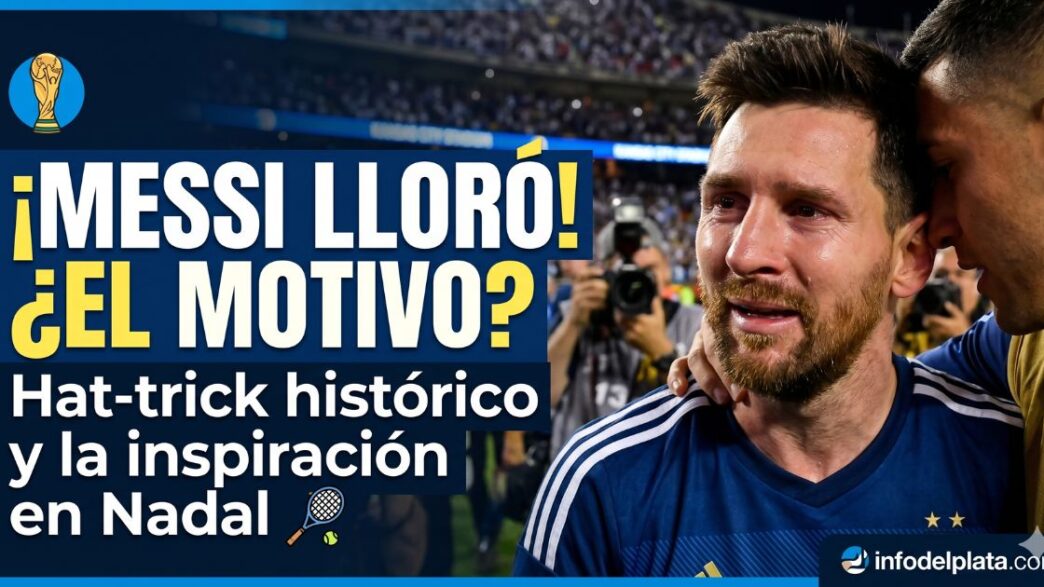 Primer plano de Lionel Messi llorando de emoción y siendo abrazado por un compañero durante el Mundial 2026, con un texto que dice "¡Messi lloró! ¿El motivo? Hat-trick histórico y la inspiración en Nadal".