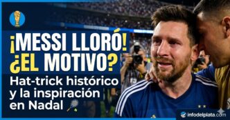 Primer plano de Lionel Messi llorando de emoción y siendo abrazado por un compañero durante el Mundial 2026, con un texto que dice "¡Messi lloró! ¿El motivo? Hat-trick histórico y la inspiración en Nadal".