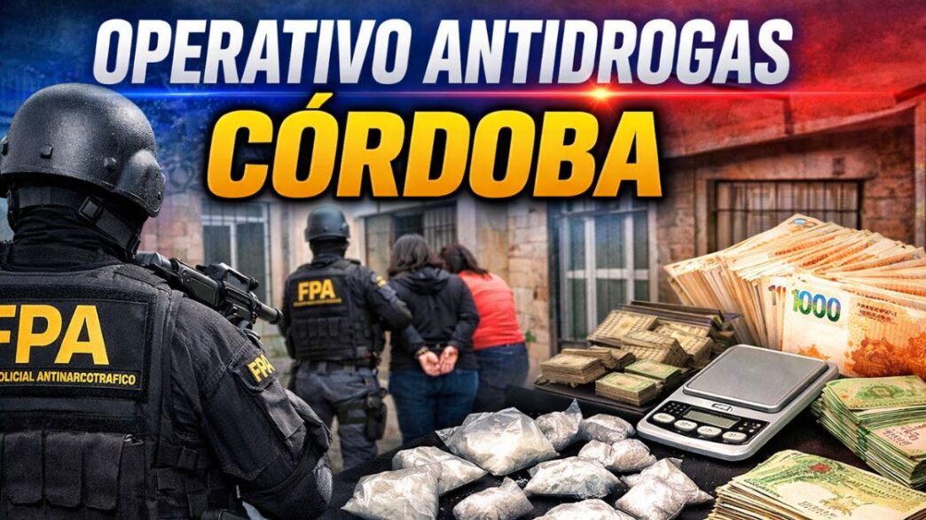 Operativo antidrogas en Córdoba: FPA detiene a madre e hijo acusados de vender cocaína en Río Cuarto. Imagen del procedimiento y dinero secuestrado.