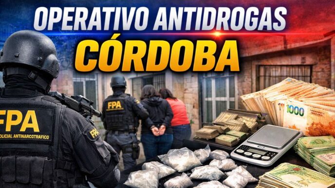 Operativo antidrogas en Córdoba: FPA detiene a madre e hijo acusados de vender cocaína en Río Cuarto. Imagen del procedimiento y dinero secuestrado.