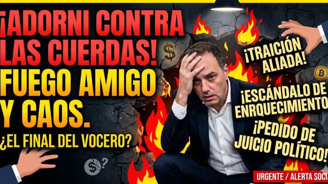 Manuel Adorni desesperado, tomándose la cabeza en medio del caos, rodeado de titulares sobre fuego amigo, traición aliada y denuncias por enriquecimiento ilícito. Miniatura de noticia para Infodelplata sobre la crisis del gobierno de Javier Milei.