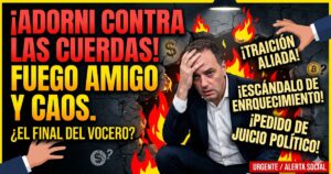 Manuel Adorni desesperado, tomándose la cabeza en medio del caos, rodeado de titulares sobre fuego amigo, traición aliada y denuncias por enriquecimiento ilícito. Miniatura de noticia para Infodelplata sobre la crisis del gobierno de Javier Milei.