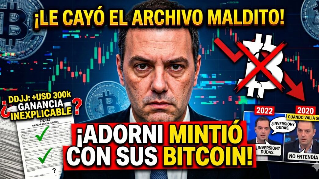 Manuel Adorni acorralado por escándalo de Bitcoin y declaraciones juradas. Gráficos de criptomonedas en rojo y el texto Adorni mintió con sus Bitcoin. Pruebas del archivo patrimonial.