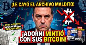 Manuel Adorni acorralado por escándalo de Bitcoin y declaraciones juradas. Gráficos de criptomonedas en rojo y el texto Adorni mintió con sus Bitcoin. Pruebas del archivo patrimonial.