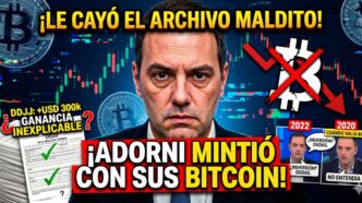 Manuel Adorni acorralado por escándalo de Bitcoin y declaraciones juradas. Gráficos de criptomonedas en rojo y el texto Adorni mintió con sus Bitcoin. Pruebas del archivo patrimonial.