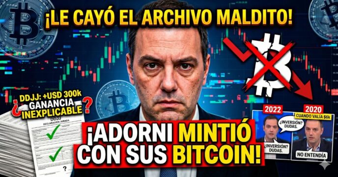 Manuel Adorni acorralado por escándalo de Bitcoin y declaraciones juradas. Gráficos de criptomonedas en rojo y el texto Adorni mintió con sus Bitcoin. Pruebas del archivo patrimonial.