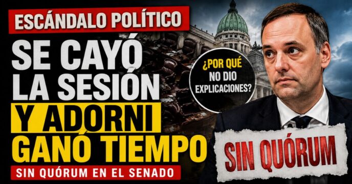 Miniatura sobre la sesión caída en el Senado y la tensión política por Manuel Adorni, con imagen del Congreso, cartel de sin quórum y tono de escándalo político.