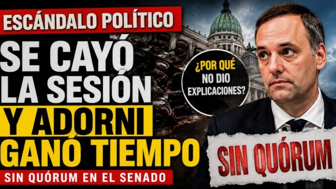 Miniatura sobre la sesión caída en el Senado y la tensión política por Manuel Adorni, con imagen del Congreso, cartel de sin quórum y tono de escándalo político.