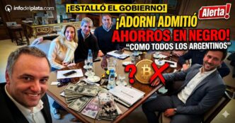 Manuel Adorni sonriendo junto al gabinete de Javier Milei con fajos de dólares y Bitcoin. Escándalo por enriquecimiento ilícito y ahorros en negro.