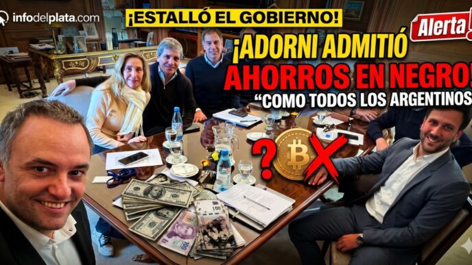 Manuel Adorni sonriendo junto al gabinete de Javier Milei con fajos de dólares y Bitcoin. Escándalo por enriquecimiento ilícito y ahorros en negro.