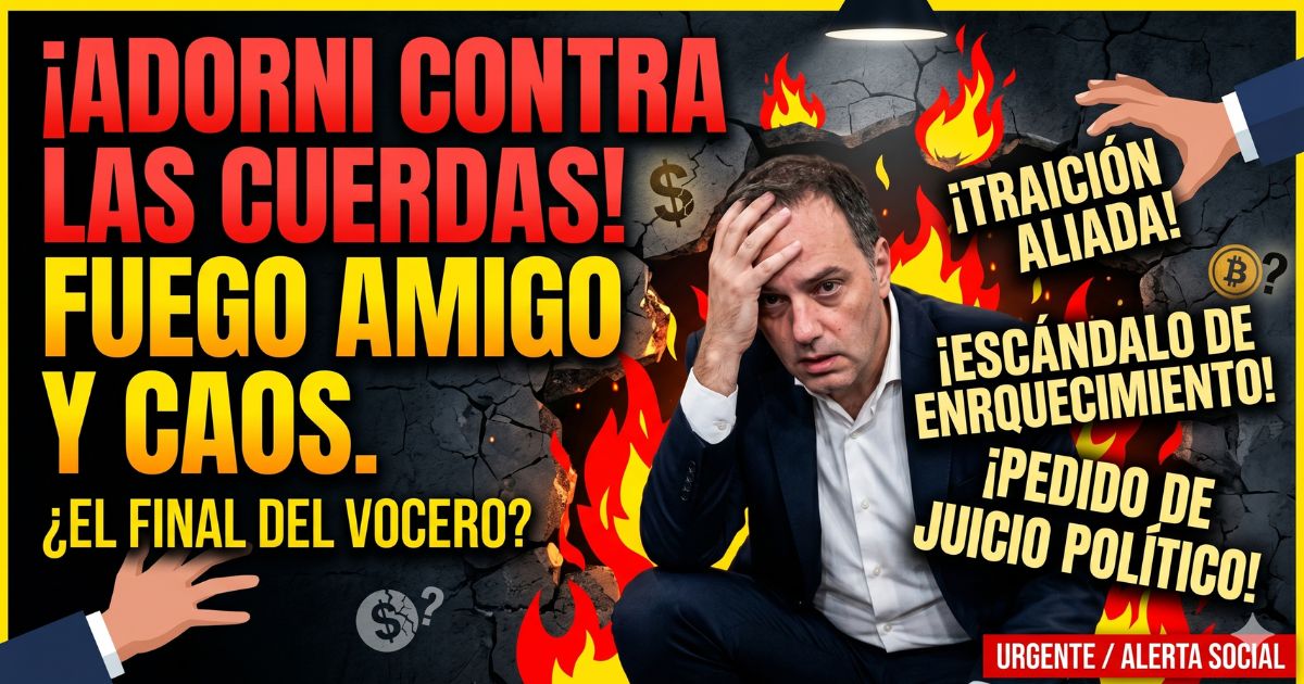 Manuel Adorni desesperado, tomándose la cabeza en medio del caos, rodeado de titulares sobre fuego amigo, traición aliada y denuncias por enriquecimiento ilícito. Miniatura de noticia para Infodelplata sobre la crisis del gobierno de Javier Milei.