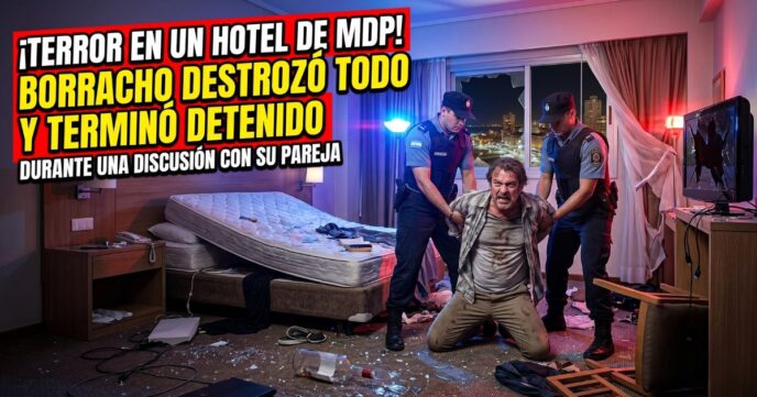 Hombre detenido por la policía tras un violento ataque de furia y destrozos en una habitación de hotel céntrico en Mar del Plata.