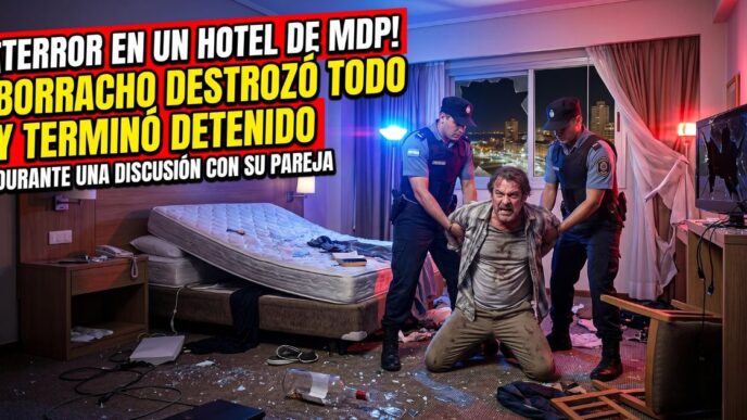 Hombre detenido por la policía tras un violento ataque de furia y destrozos en una habitación de hotel céntrico en Mar del Plata.