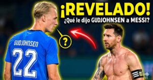 Lionel Messi y Gudjohnsen cara a cara en el campo de juego. Texto amarillo gigante que dice "¡REVELADO! ¿Qué le dijo GUDJOHNSEN a MESSI?" con una flecha roja y un signo de interrogación señalando el tenso momento.