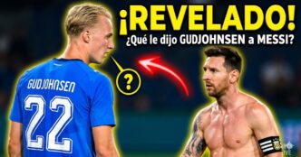 Lionel Messi y Gudjohnsen cara a cara en el campo de juego. Texto amarillo gigante que dice "¡REVELADO! ¿Qué le dijo GUDJOHNSEN a MESSI?" con una flecha roja y un signo de interrogación señalando el tenso momento.
