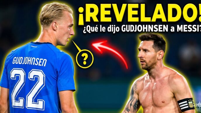 Lionel Messi y Gudjohnsen cara a cara en el campo de juego. Texto amarillo gigante que dice "¡REVELADO! ¿Qué le dijo GUDJOHNSEN a MESSI?" con una flecha roja y un signo de interrogación señalando el tenso momento.
