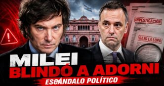 Miniatura de noticia política sobre Milei blindando a Adorni en medio de un escándalo político, con Casa Rosada, alerta e investigación.