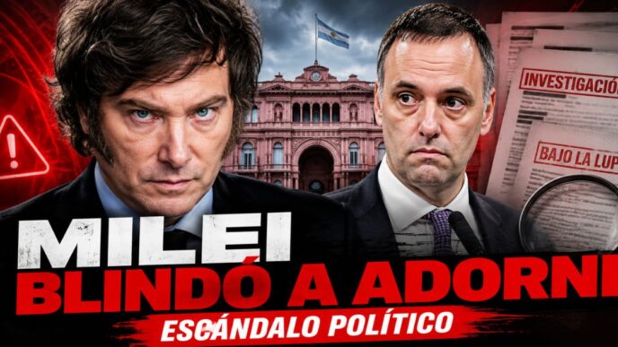 Miniatura de noticia política sobre Milei blindando a Adorni en medio de un escándalo político, con Casa Rosada, alerta e investigación.