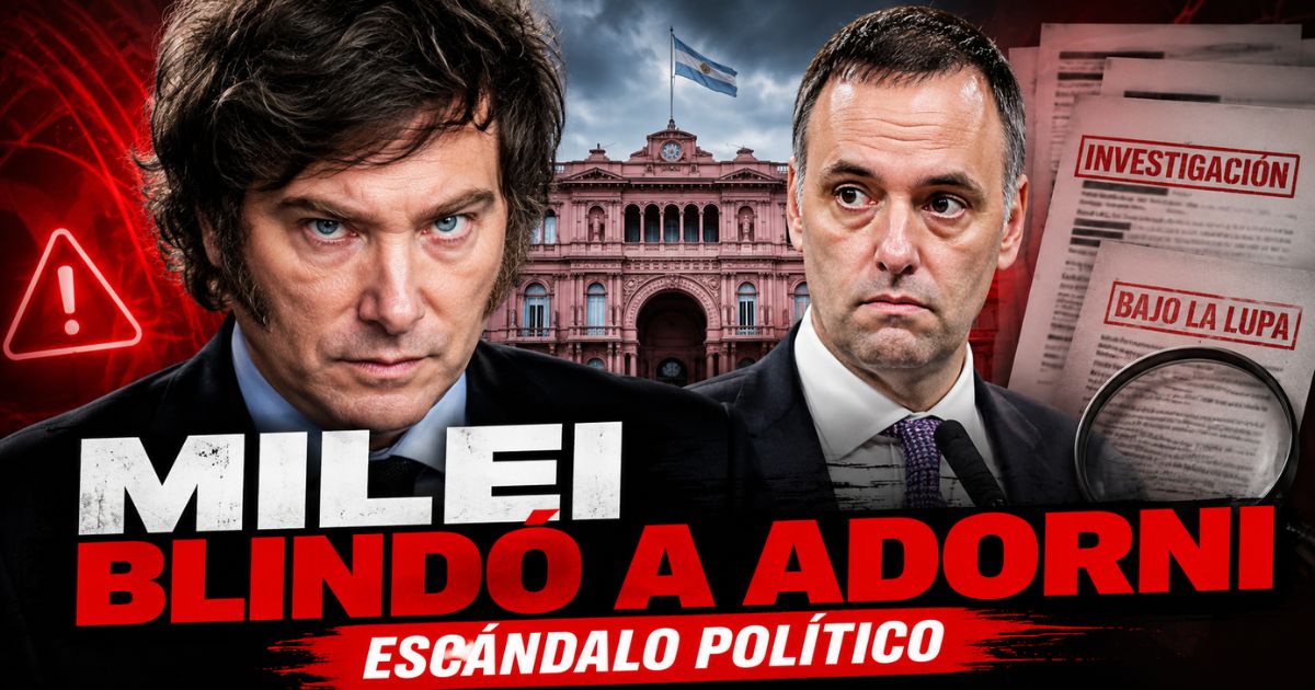 Miniatura de noticia política sobre Milei blindando a Adorni en medio de un escándalo político, con Casa Rosada, alerta e investigación.