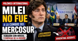 Representación de la ausencia de Javier Milei en la Cumbre del Mercosur con una reunión de líderes regionales y referencias al debate sobre la política exterior argentina.