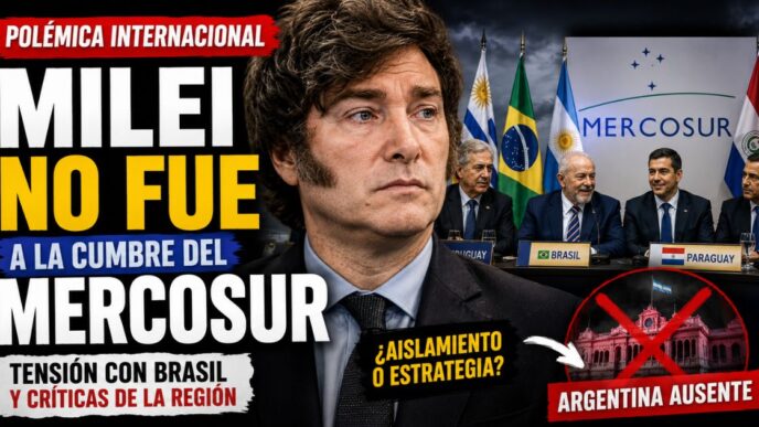 Representación de la ausencia de Javier Milei en la Cumbre del Mercosur con una reunión de líderes regionales y referencias al debate sobre la política exterior argentina.