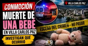 Miniatura sobre la investigación por la muerte de una bebé en Villa Carlos Paz con una ambulancia, un oso de peluche y cintas de escena del crimen como elementos ilustrativos.