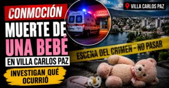 Miniatura sobre la investigación por la muerte de una bebé en Villa Carlos Paz con una ambulancia, un oso de peluche y cintas de escena del crimen como elementos ilustrativos.