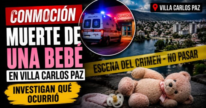 Miniatura sobre la investigación por la muerte de una bebé en Villa Carlos Paz con una ambulancia, un oso de peluche y cintas de escena del crimen como elementos ilustrativos.