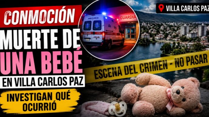 Miniatura sobre la investigación por la muerte de una bebé en Villa Carlos Paz con una ambulancia, un oso de peluche y cintas de escena del crimen como elementos ilustrativos.