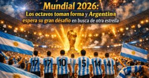 Jugadores de la Selección Argentina caminando hacia la Copa del Mundo bajo fuegos artificiales y banderas celestes y blancas, simbolizando la pasión y esperanza del país en el Mundial 2026.