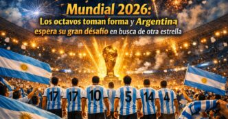 Jugadores de la Selección Argentina caminando hacia la Copa del Mundo bajo fuegos artificiales y banderas celestes y blancas, simbolizando la pasión y esperanza del país en el Mundial 2026.