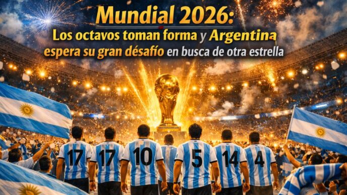 Jugadores de la Selección Argentina caminando hacia la Copa del Mundo bajo fuegos artificiales y banderas celestes y blancas, simbolizando la pasión y esperanza del país en el Mundial 2026.