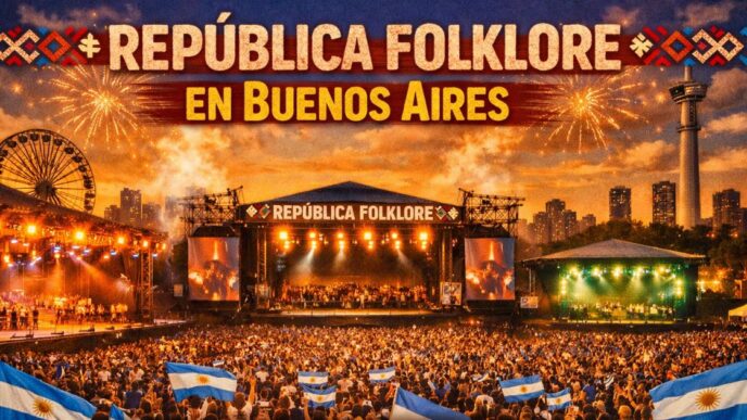 Festival República Folklore en Buenos Aires con miles de personas celebrando la música popular argentina entre fuegos artificiales y banderas celestes y blancas.